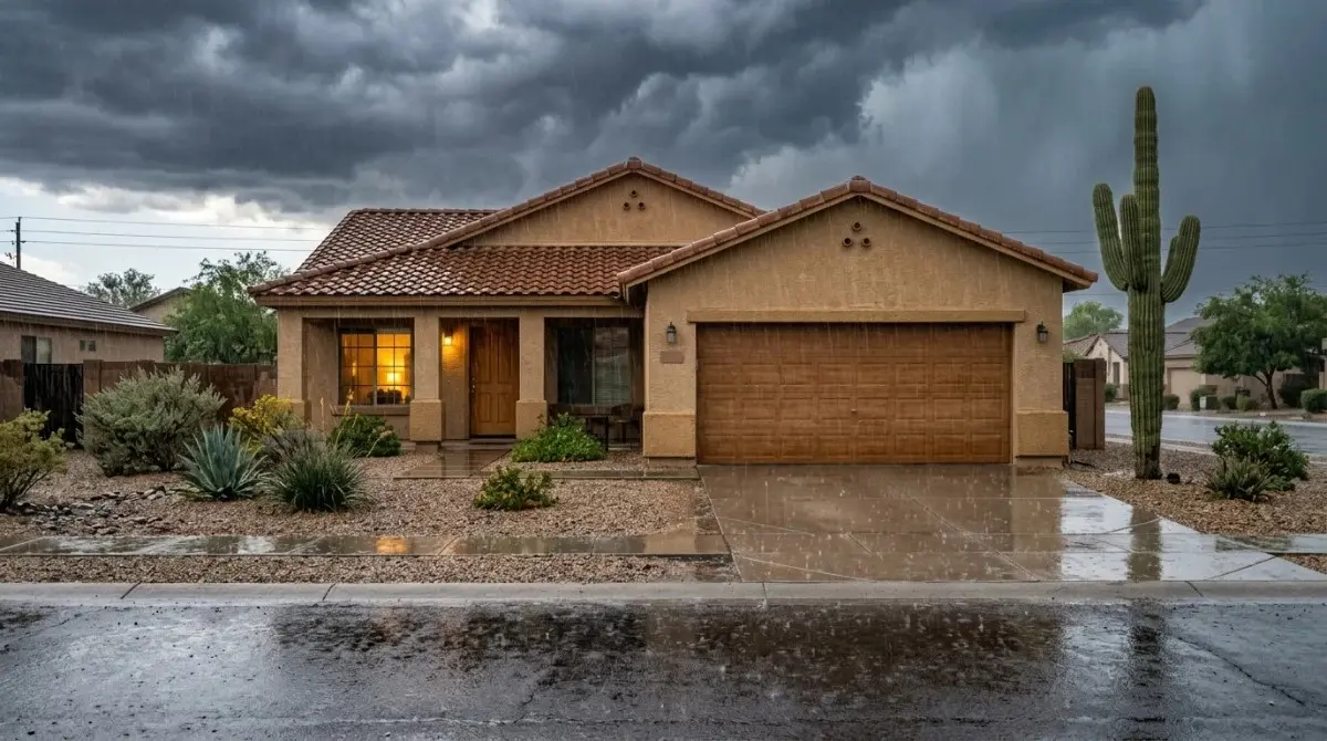 Monsoon storm runoff pooling around a Phoenix, AZ home during heavy rain