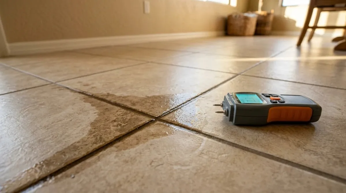 Warm patch on tile floor indicating a hot water slab leak in a Phoenix, AZ home