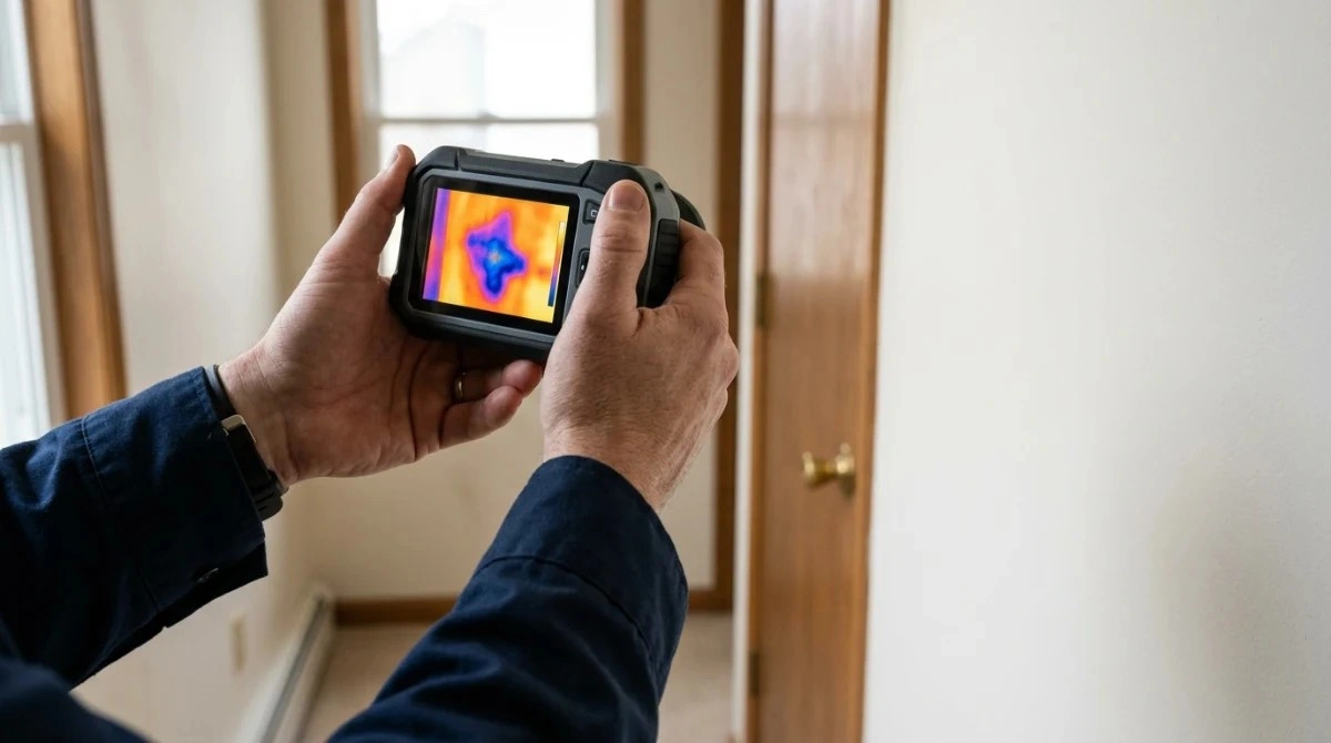 Thermal camera scan of a wall used to locate hidden moisture in a Phoenix home after monsoon season